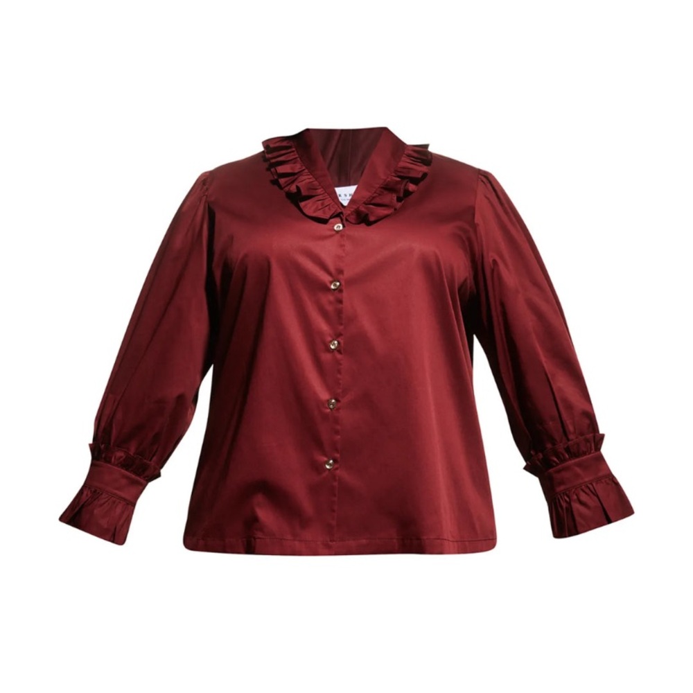 $198 Harshman "Fuella" shirt ruffled trim V neckline button front Cotton 3XL